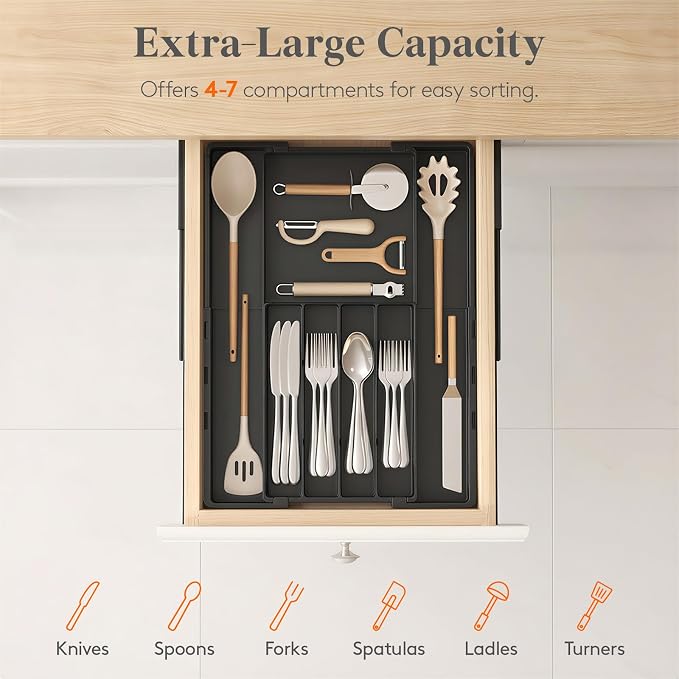 Lifewit Silverware Drawer Organizer, Expandable Utensil Tray for Kitchen | BPA Free Adjustable Flatware and Cutlery Holder, Plastic Storage for Spoons Forks Knives, 8.9-14.2 x 11.3-19.4 x 1.7, Black