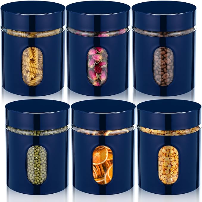 6 Pack Kitchen Canisters Set Airtight Coffee Sugar Tea Storage Jars with Window Glass Stainless Steel Containers with Lids for Flour Cookies Spices Grains Kitchen Decorations(Navy Blue,20 oz)