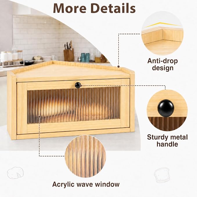 Sunhoo Bread Box for Kitchen Countertop Wooden Corner Breadbox Counter Food Storage Bin Container Farmhouse Rustic Homemade Bread Fresh Keeper Organizer Holder Vintage Stackable with Window (Yellow)