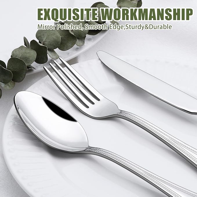 Terlulu 60-Piece Silverware Set for 12, Stainless Steel Flatware, Mirror Polished Cutlery Set, Utensils Include Spoons, Forks, Knives for Home, Restaurant, Beaded Handle, Dishwasher Safe