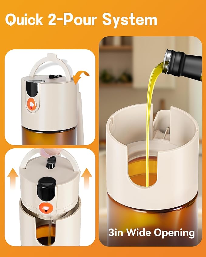 Olive Oil Sprayer & Dispenser Bottle for Cooking 17oz Dark Glass Oil Mister | 2-in-1 Sprayer & Pourer, Leakproof, Fine mist, Light-Blocking, Wide Mouth for Easy Refill & Clean, 8 Oil Labels, Reusable