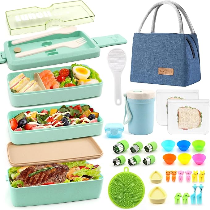 35Pcs Japanese Bento Box for Adults&Kids Lunch Box Kit Leakproof Wheat Straw Eco-Friendly 3 Compartment Stackable Lunch Box with Containers for Teen Prepy Boy (Green)