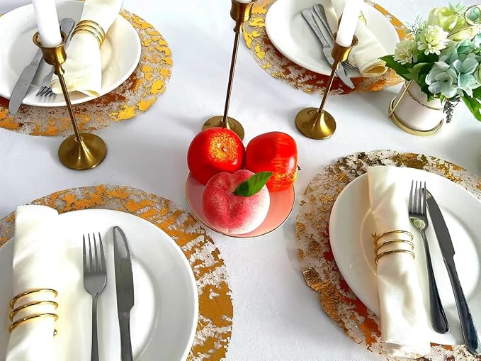 Disposable Gold Placemats Set of 50 Metallic Thin Round 13 Inch Gold Doilies Mesh Pressed Fall Table Placemates 50 Pack Gold Charger Plates for Wedding, Birthday Party
