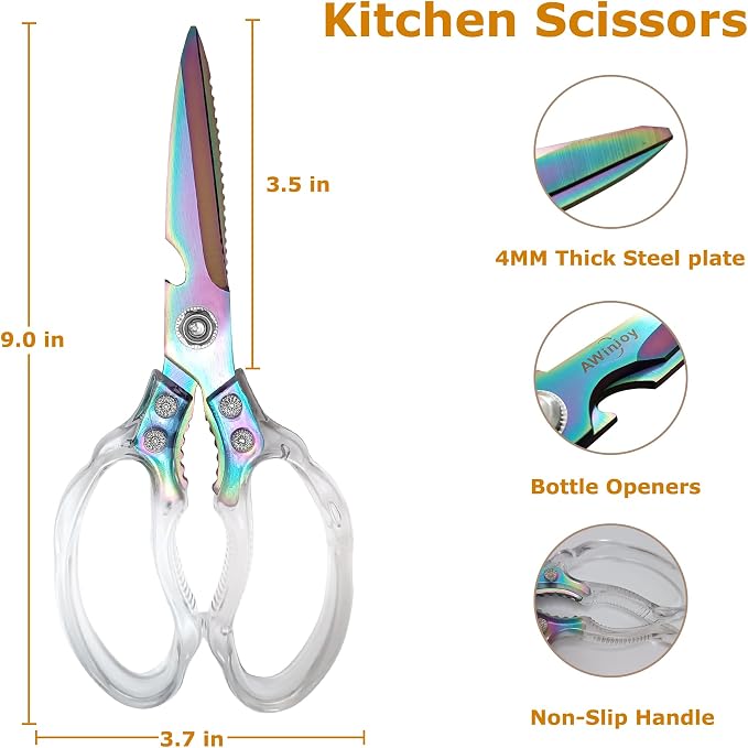 AWinjoy Kitchen Scissors, Heavy Duty Sharp Kitchen Shears, Stainless Steel & Aluminum, Transparent, Serrated Edge, Day Style, 1 Count