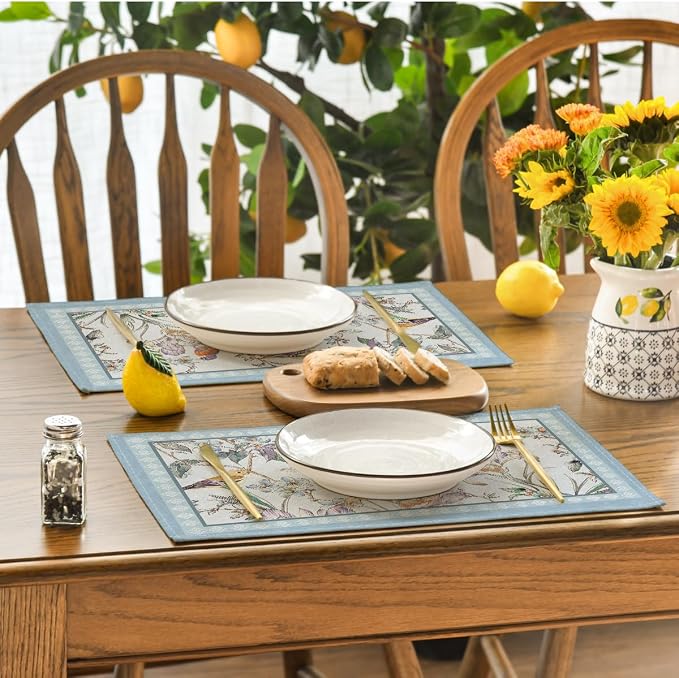Artoid Mode Blue Birds Flowers Blossom Placemats Set of 4, 12x18 Inch Table Mats for Table Runner Party Kitchen Dining Decoration