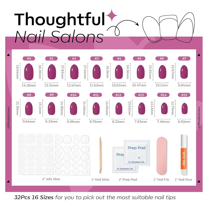modelones Plum Short Press on Nails, Oval Fake Nails Kit Nails Press Ons | with Nail Glue, Adhesive Tabs, Nail File, Prep Pad, Manicure Stick, 32Pcs 16 Sizes, Summer Women Girl Gift