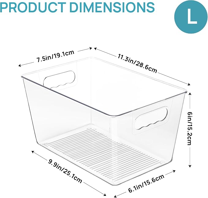 Vtopmart 6 Pack Clear Storage Bins, Pantry Storage Bins with Handle, Large | Plastic Pantry Organizer Containers for Kitchen, Refrigerator, Fridge, Cabinet, Countertops, Home Organization and Storage