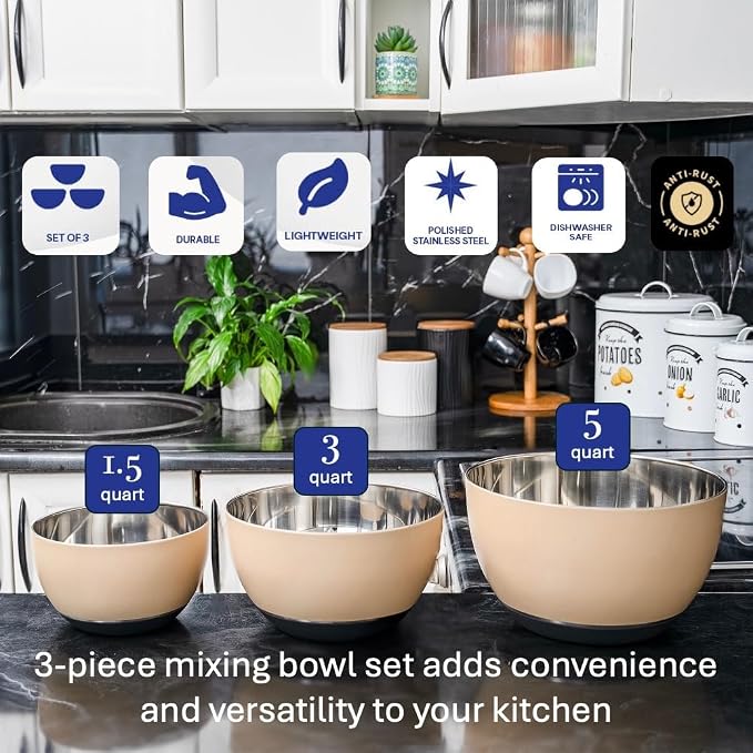 Stainless Steel Mixing Bowls Set, 3-Piece with Silicone Base | 1.5, 3 & 5 Qt Metal Bowls for Meal Prep, Baking, Cooking, Serving & Food Storage, Non-Slip Base, Dishwasher Safe, Tan