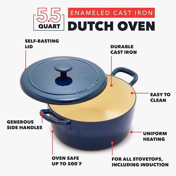GreenPan x Bobby Flay 5.5QT Enameled Cast Iron Dutch Oven With Lid, Navy | Casserole Pot for Braising, Stews, Bread Baking & Searing, Self-Basting Lid, Induction Ready, Oven Safe To 500