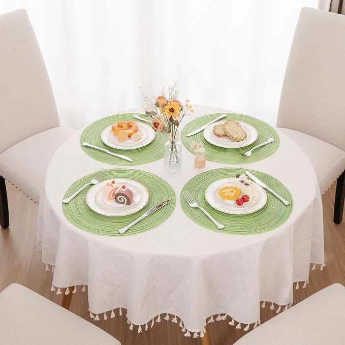 SHACOS Round Placemats Set of 6 for Dining Tables 15 inch Cotton Braided Placemats Washable Reversible for Kitchen Holiday Party (Mixed Color Pea Green, 6)