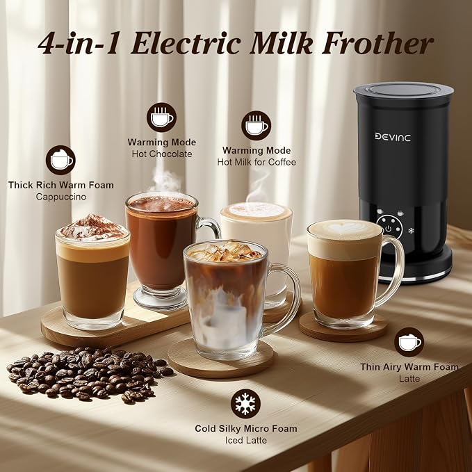 Milk Frother, 4-in-1 Milk Frother and Steamer, Hot and Cold Foam Maker and Milk Warmer with Auto Shut-Off, Electric Frother for Coffee, Latte, Cappuccino, Matcha