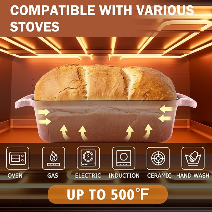 9 x 5 Inch Bread Pan Enameled Cast Iron Loaf Pan with Lid for Baking Pink | 2 in 1 Non-stick Sourdough Bread Loaf Pan for Homemade Bread, Oven & Stovetop Safe for Gas, Electric & Induction