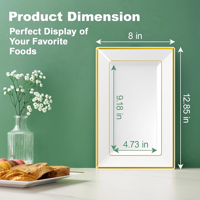 FOCUSLINE 8 PCS Plastic Serving Trays for Party, White Gold Rim Platters | Durable Construction, Elegant Appearance, Disposable and Reusable, Ideal for Parties, Weddings, Catering, Desserts
