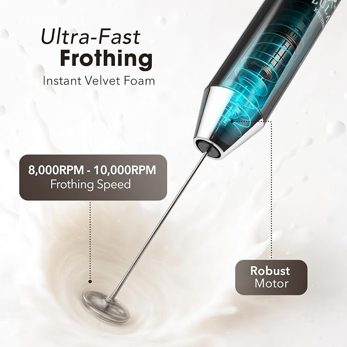 Zulay Kitchen Rechargeable Milk Frother Handheld - Frother Wand, Drink Mixer, Electric Whisk Frother, for Cappuccinos, Matcha & Protein Powder - Lux 4 Whisk 2 Speed Waterproof 2000mAh Alpha Black