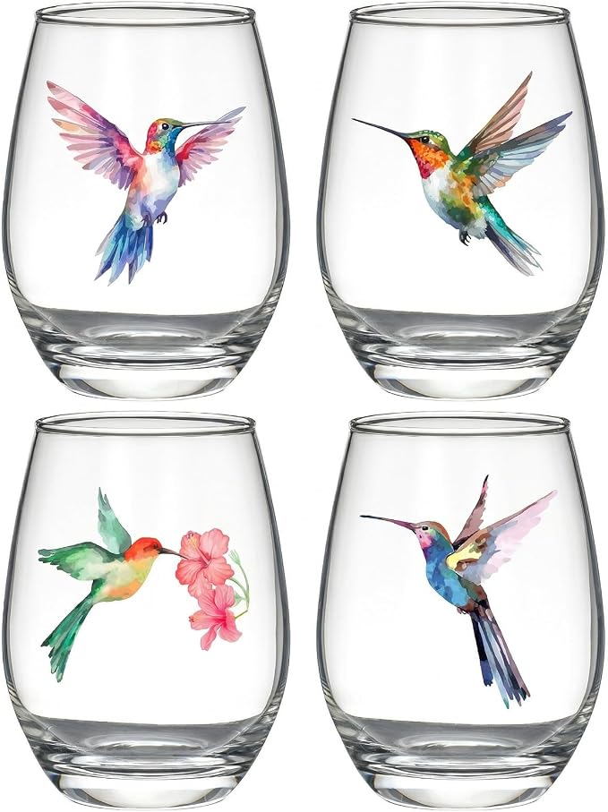 Hummingbird Stemless Wine Glasses Set of 4, Hummingbird Lovers Gifts for Women, Bird and Outdoor Lovers, 15oz Wine Glasses Gifts for Women, Floral Garden Lovers, Forest Birds Hummingbird Decor