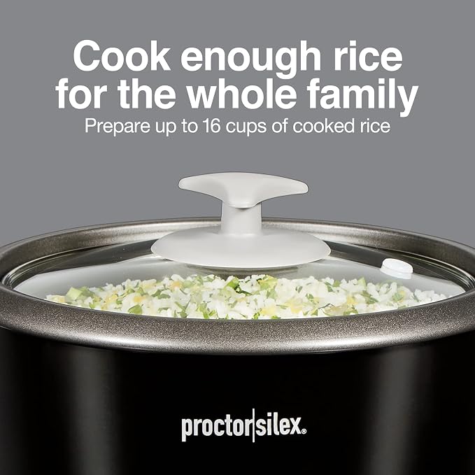 Proctor Silex Rice Cooker & Food Steamer, 16 Cups Cooked (8 Cups Uncooked) | Includes Steam and Rinsing Basket , Measuring Cup & Spatula | Easy 1 Touch Controls | Black | 37527MN