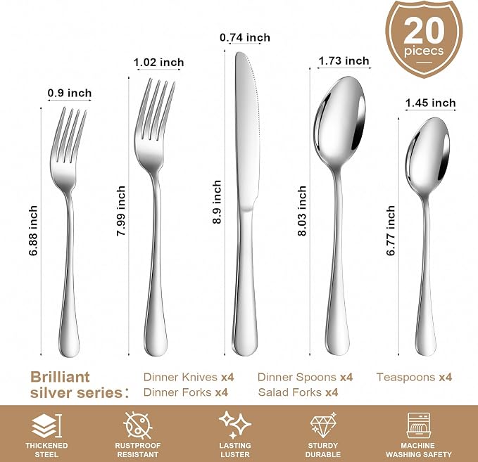 Silverware Set 20 Piece Stainless Steel Flatware Set Silverware Utensils for 4 People Includes Forks Knives Spoons & Salad Forks Dishwasher Safe Durable Tableware for Home Restaurant or Outdoor Use