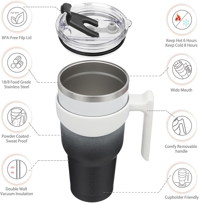 BJPKPK 40 oz Tumbler with Handle & Straw, Insulated Stainless Steel Mug | Double Wall Vacuum, Keeps Hot/Cold, Thermal Cup, BPA Free, Dishwasher Safe, Cupholder Fit, Coffee & Travel, Day & Night