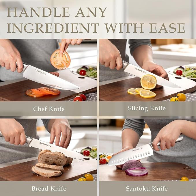 Astercook Knife Set, Kitchen Knives Set with Block and Sharpener Full Tang 15 Pcs Stainless Steel Knives, Dishwasher Safe Knife Set with Anti-slip Ergonomic Handle, Walnut, Fathers Day Gift for Men