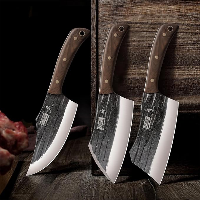 HOSHANHO Butcher Knife Set, 3PCS Knife Set of Bone & Cleaver & Viking Knife | High Carbon Steel Serbian Chef Knife Set of Heavy Duty Chopping Knife for Home, Cooking, Outdoor Camping BBQ