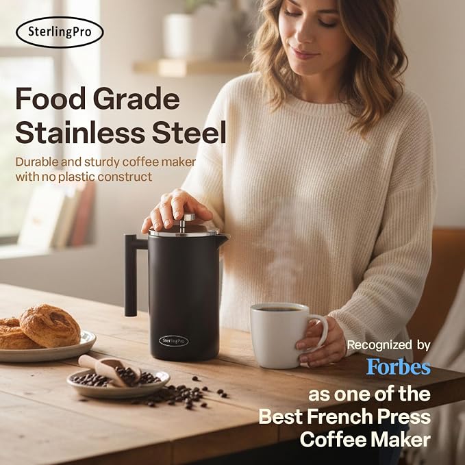 SterlingPro Small Insulated Stainless Steel French Press Coffee Maker 34oz – Insulated Metal Double Wall Coffee Maker | Plastic Free | Cool-Touch | Black Finish | Makes up to 8 Cups / 4 Mugs