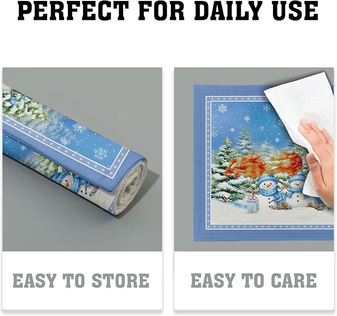 Winter Snowman Placemats Set of 4 - Watercolor Blue Decorative Snowflakes Green Pine Tree Table Mats 12 x 18 Inch Washable Heat Resistant Place Mat for Outdoor Kitchen Dining Decor
