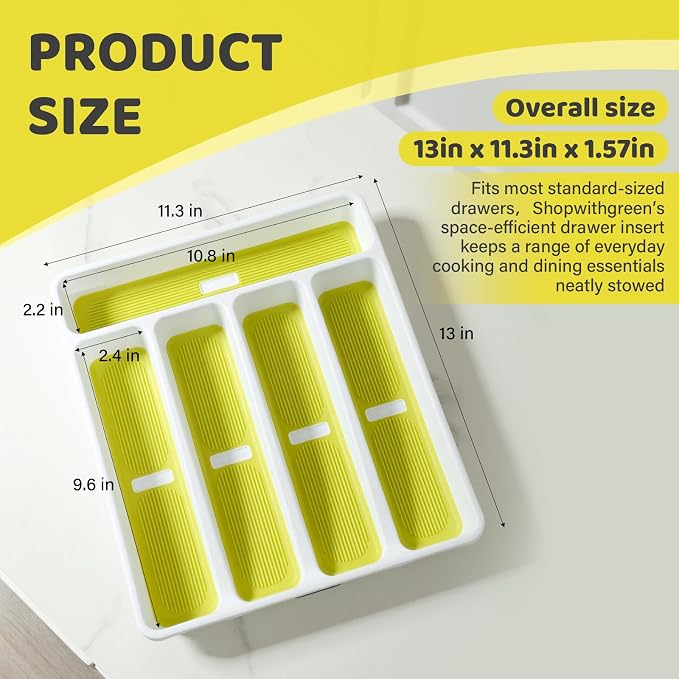 5-Compartment Silverware Organizer Tray with Icons for Kitchen Drawer | Non-slip TPR Linings，5-Compartment，High-quality Plastic，Fits Well In Standard Drawers，With Cutlery Icons