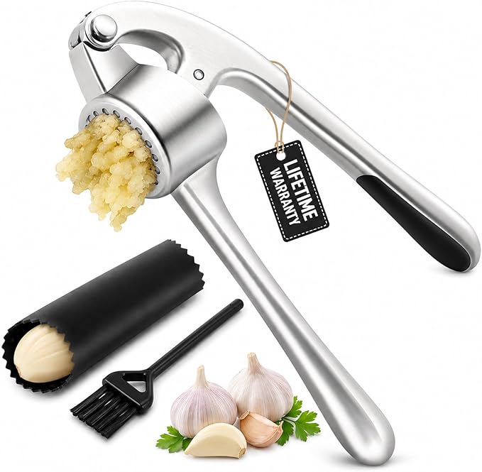 CUNSENR Garlic Press Set, Premium Rust Proof Garlic Mincer Tool with Ergonomic Handle, Easy Squeeze & Easy Clean Garlic Crusher, Dishwasher Safe with Silicone Peeler and Brush - Silver