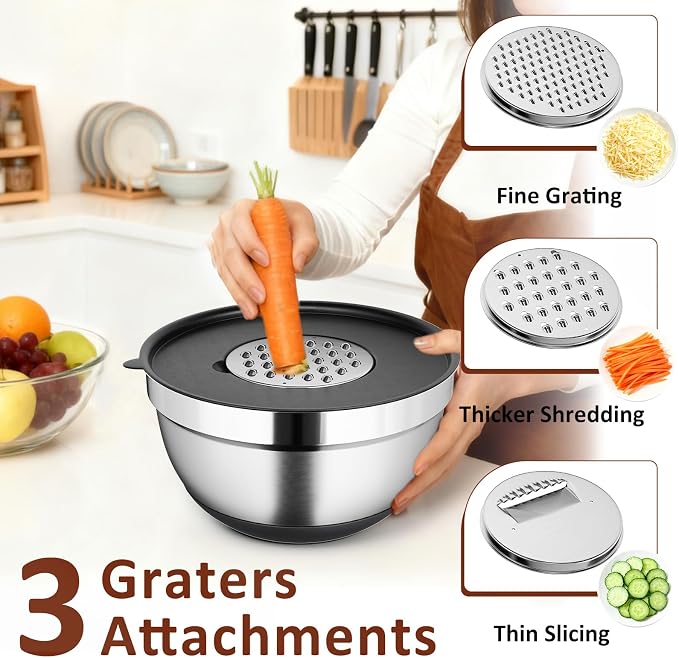 9 Pack Mixing Bowls with Airtight Lids & Grater Attachments, Black | Stainless Steel Bowl, Non-slip Bases, Nesting Kitchen Bowl, Size 5, 4, 3, 2, 1.5,1QT,for Food Prep, Baking, Storage & Serving