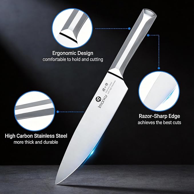 imarku 16PCS Stainless Steel Knife Set, Full Tang Design with Wooden Block | Knife Set With Block And Sharpener, High Carbon Stainless Steel Blades, Ergonomic Non-Slip Handles, Dishwasher Safe Design