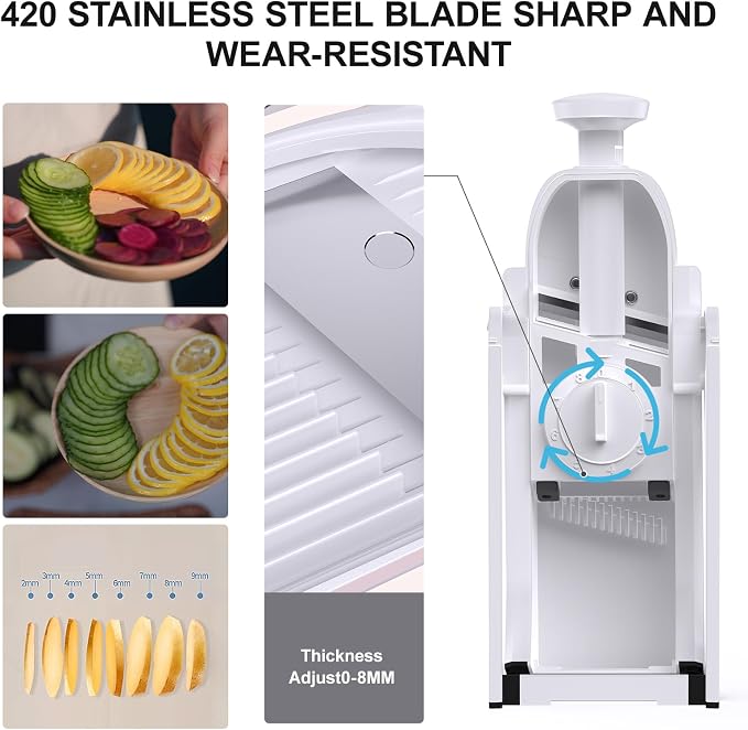 Safe Mandoline Slicer for Kitchen, Vegetable & Food Cutter (Only Slice) | Thickness Adjustable 0.1-8 mm, Potato Slicer for Chips, Easy to Clean, Storage, Kitchen Faster Slice, Dishwasher-safe (White)