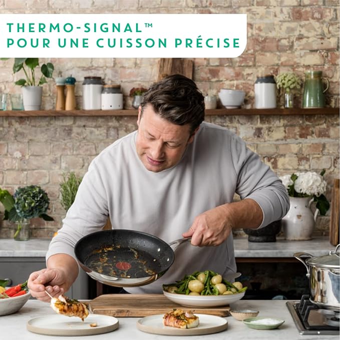 T-Fal x Jamie Oliver Nonstick Coated Stainless Steel Pans 8", 9.5" & 11", Frypan Set Induction Compatible, Oven Safe up to 500°F, Chef's Stainless Steel Skillet, Frying Pan, Silver | 3 Frying Pans 7.9/9.4/11 inch, Titanium Non-Stick Coating, Suitable f...
