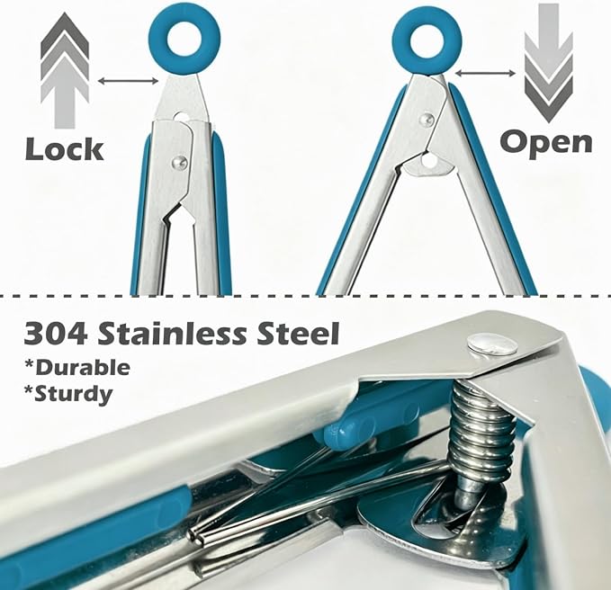9" Kitchen Tongs for cooking with Silicone Tips, Salad Tongs, Peacock Blue | 3 Pcs Small Silicone Tongs mit Kickstand, Food Grade, 3 different type of tongs, Stainless Steel