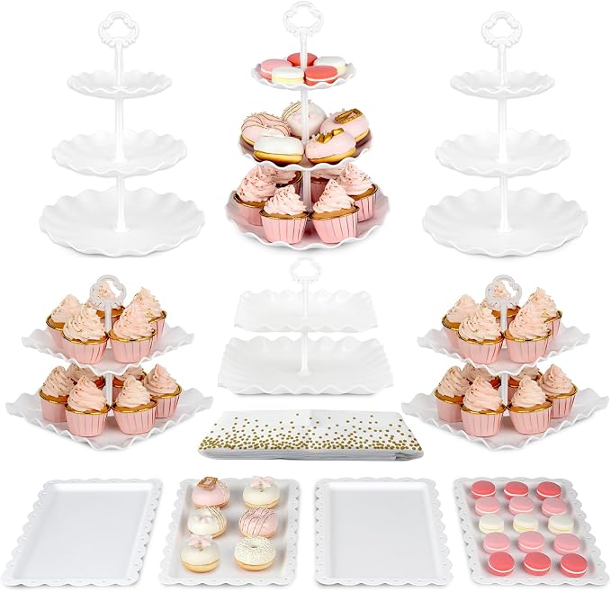 Pack of 11 NWK Cake Stand Set of Cupcake Stand, Tray & Table Cloth (White) | Includes 3 x 2-Tier & 3 x 3-Tier Cupcake Stands, 4 Appetizer Trays, Plus 1 Tablecloth. Ideal for Parties