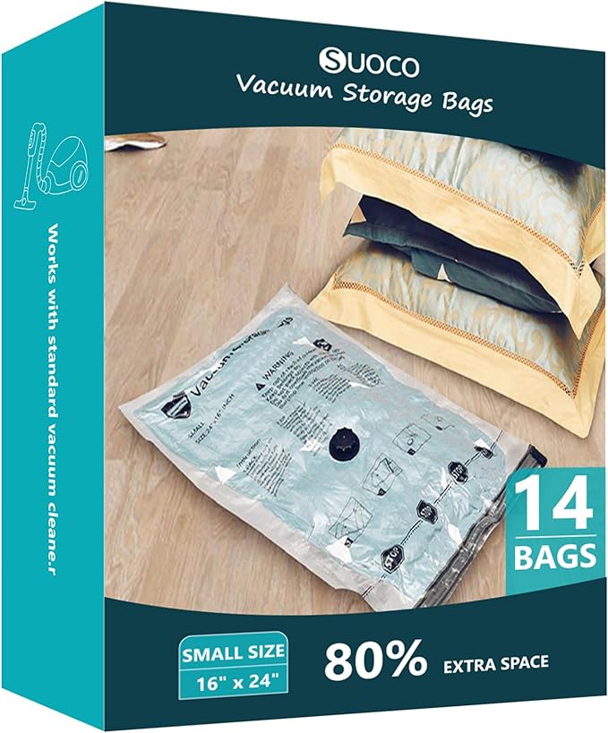 Vacuum Storage Bags, Compression Packing Space Saver Seal Bags for Clothing Bedding Comforters Blankets Pillows, 14 Small