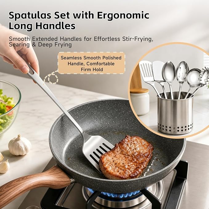 6PCS Stainless Steel Cooking Utensils, Kitchen Metal Spatula Set | Heat Resistant Kitchen Utensils Set, Dishwasher Safe, Home Essentials Kitchen Gadgets Accessories