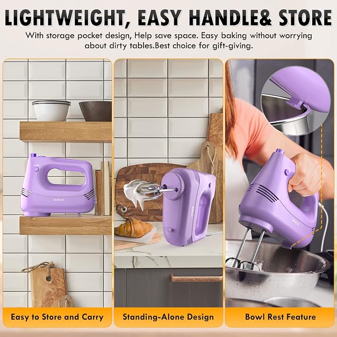 GUALIU Electric Hand Mixer, 304*(2* Beaters, 2* Dough Hooks), (1* Storage Bag) Handheld Mixer for Baking Cakes, Eggs, Cream Food Mixers, Turbo Boost /5 Speed Kitchen Blender PURPLE