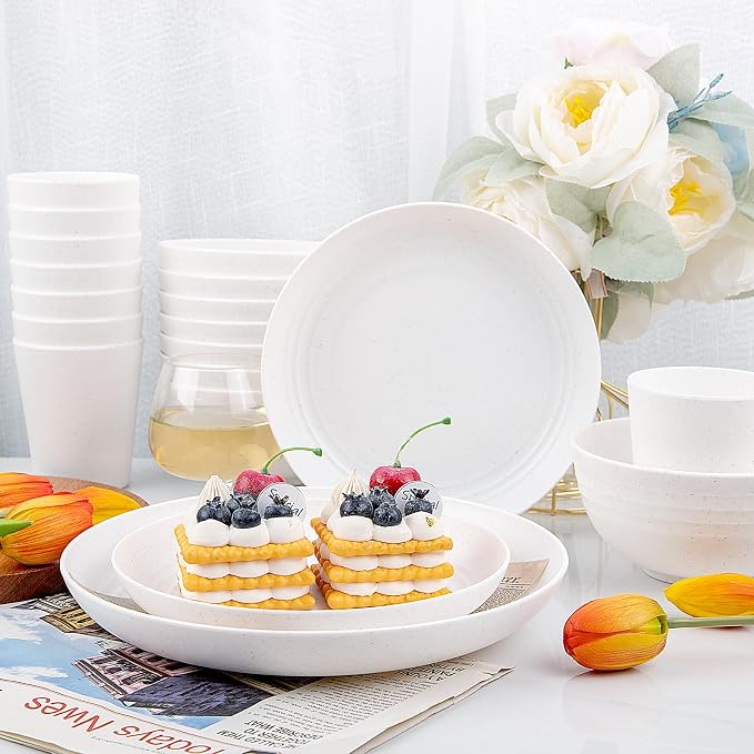 32pcs White Wheat Straw Dinnerware Set,Plates and Bowls Sets for 8 | Reusable Plastic Plates,White Plastic Dinnerware Set | Includes Disposable Plates bowls Cups for Camping,Picnic,Patio,Travel