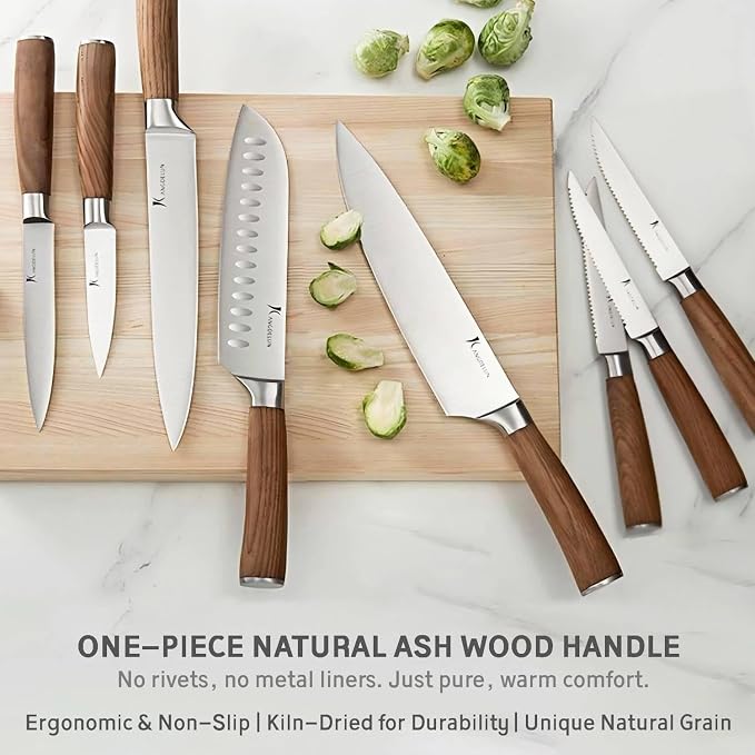 Kangdelun Ultra Sharp 14-Piece Kitchen Knife Set, High Carbon Stainless Steel Blades, Torrefied Brown Wood Handles, Ergonomic Design, Space-Saving Black-Finished Wood Block, Easy Hand Wash, Gift Box