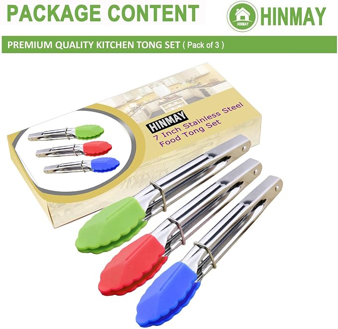 HINMAY 7-Inch Mini Tongs with Silicone Tips, Set of 3 (Green Red Blue) | 7-Inch Serving Tongs