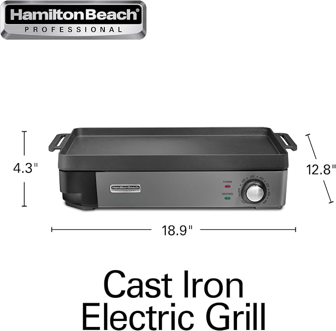 Hamilton Beach Professional Cast Iron Electric Griddle & Indoor Grill | Durable 10" x 16" Preseasoned Cooking Surface | Adjustable Temperature up to 450° F | Black | 38560