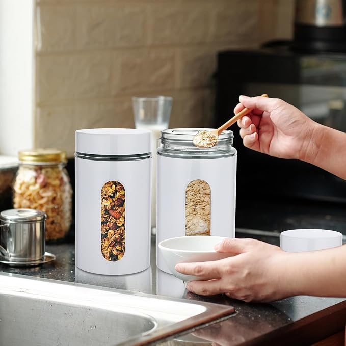 6 Pack Kitchen Canisters Set Airtight Coffee Sugar Tea Storage Jars with Window Glass Stainless Steel Containers with Lids for Flour Cookies Spices Grains Kitchen Decorations(White,32 oz)