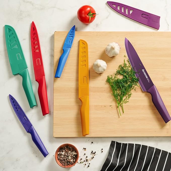 Astercook Knife Set, 12 Pcs Color-Coded Kitchen Knives Set, 6 Color Anti-Rust Coating Stainless Steel Chef Knife Sets with 6 Blade Guards Dishwasher Safe Fathers Day Gift for Men