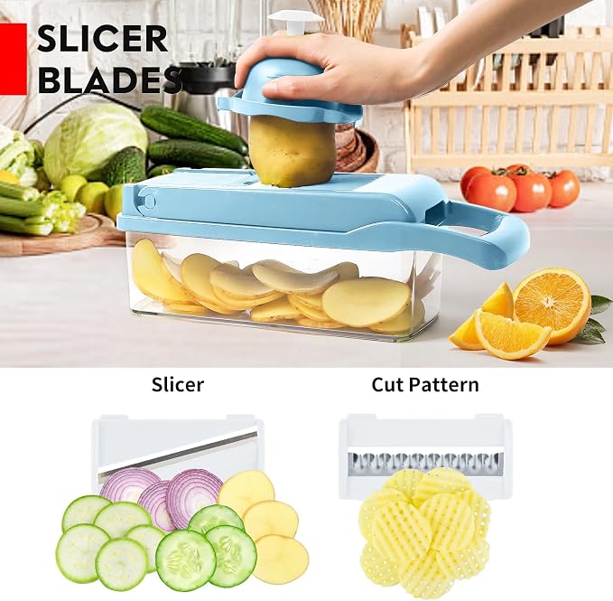 MAIPOR Vegetable Chopper Pro, Multifunctional 13 in 1 Food Chopper, Kitchen Vegetable Slicer Dicer Cutter With 8 Blades for Onion Carrot and Garlic With Container (Blue)