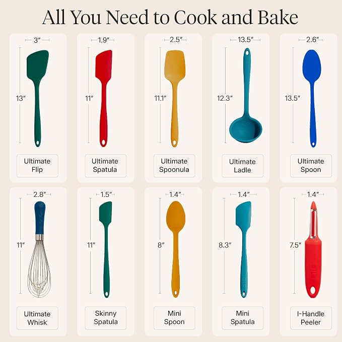 GIR: Get It Right 10-Piece Silicone Ultimate Kitchen Utensil Set – Spatulas, Ladle, Flip, Spoons, Whisk, Peeler & Spoonula – Nonstick, Non-Toxic, Heat-Resistant – Madrid