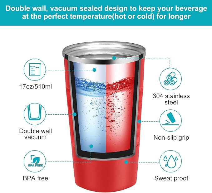 YINJAM 17oz Travel Coffee Mug Insulated Coffee Cups to Go with Leakproof Lid Vacuum Stainless Steel Double Walled Thermal Car Coffee Tumbler for Hot Cold Ice Tea Drinks Reusable (Red, 17oz) | 510ml Reusable Leakproof Camping Tumbler with Lid for Hot Co...