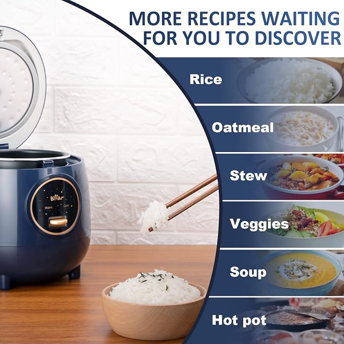 Bear Mini Rice Cooker, 2-Cup Uncooked, Nonstick, Keep Warm, BPA Free, Blue | Portable 1.2L nonstick small rice cooker for travel, dorm, single serve, One-touch operation, Removable pot, Auto keep warm