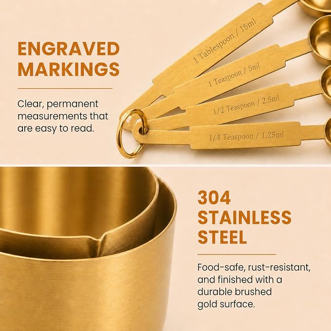Gold Measuring Cups and Spoons Set, 8 Piece Stainless Steel Measuring Cup and Spoon Set for Baking and Cooking, Stackable Gold Kitchen Measuring Utensils for Dry and Liquid Ingredients