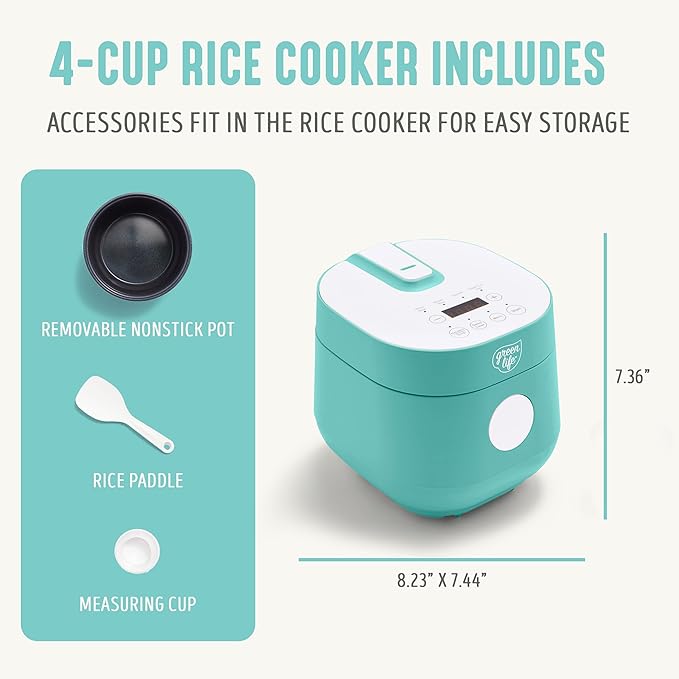 GreenLife Digital Rice Cooker, 2-Cups Uncooked/4-Cups Cooked, Turquoise