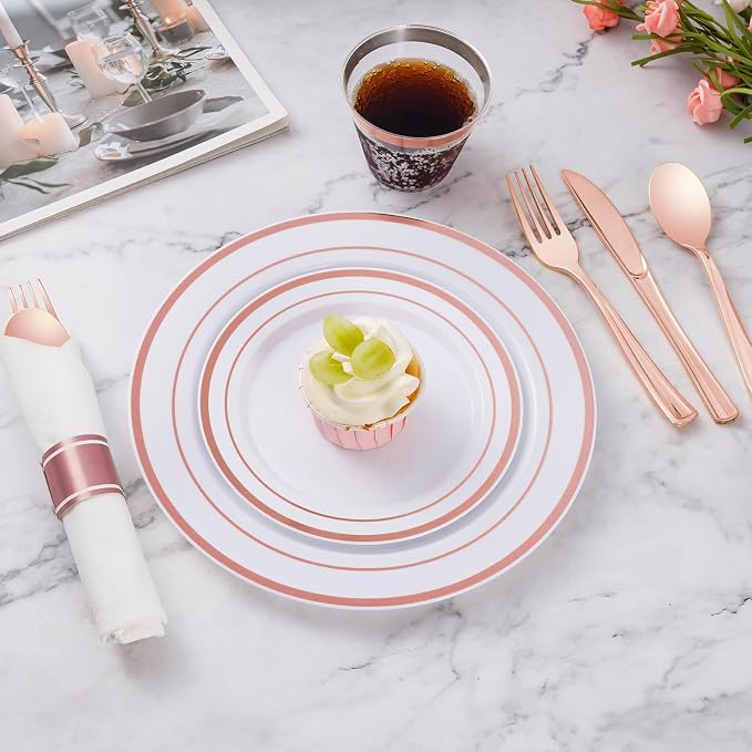 350 Piece Rose Gold Plastic Dinnerware Set for 50 Guests | Disposable Dinnerware Includes: 50 Dinner Plates, 50 Dessert Plates, 50 Pre Rolled Napkins with Silverware, 50 Cups